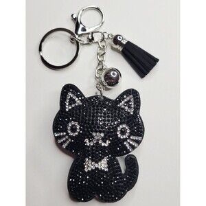 NWT Sparkle Black Cat Keychain Purse Charm With Tassel And Silver Keyring MEOW